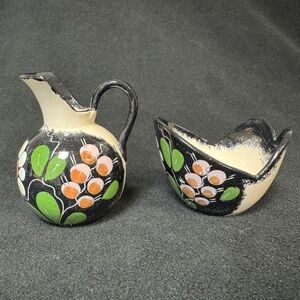 Vintage Handcrafted Tivoli København Ceramic Cream Sugar Set Black Green Collect